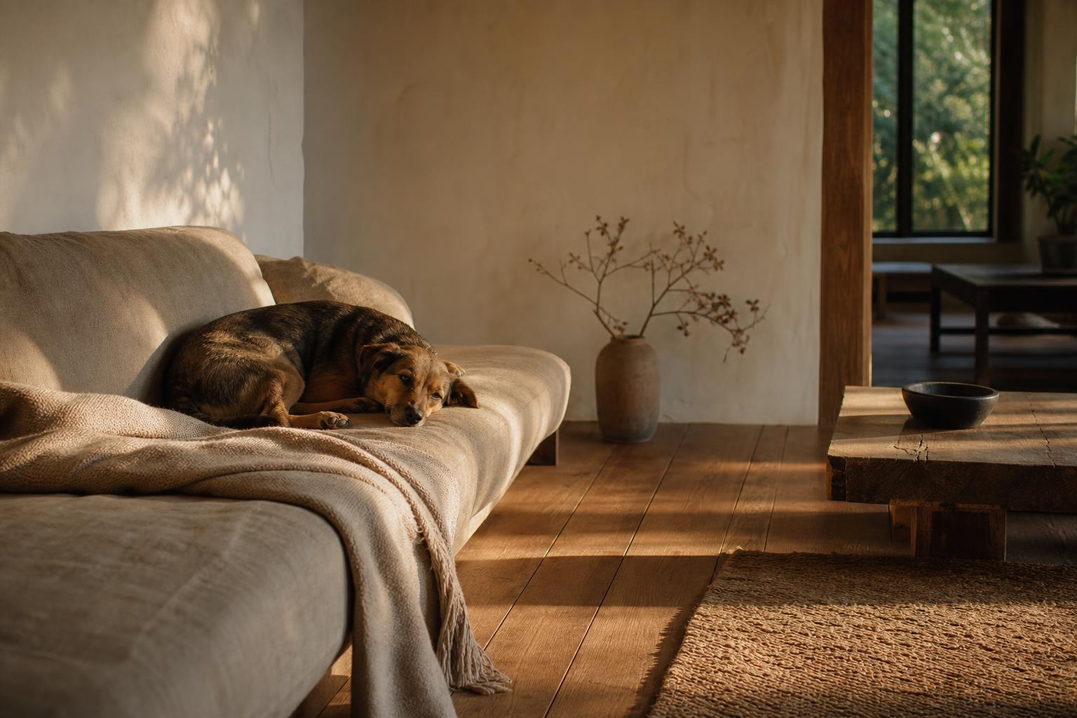 A golden retriever resting in morning light on an oak floor