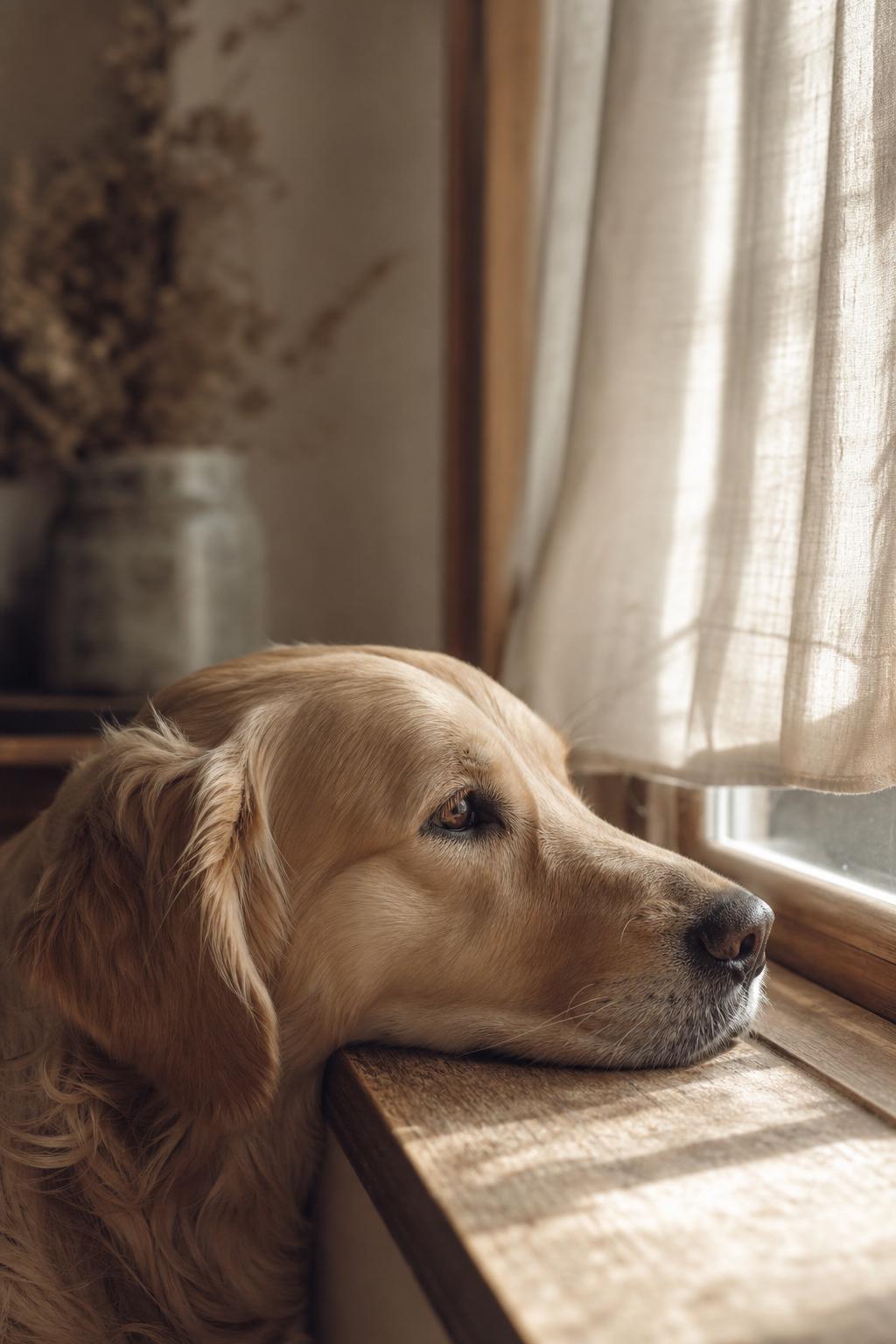 A calm dog resting its head in soft window light